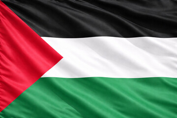Obraz premium Waving Palestine Flag in Horizontal Format with Red Triangle and Tricolor Stripes, High Resolution