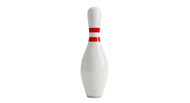 Bowling pin with red stripes isolated PNG, classic ten pin bowling equipment for sports and recreation on transparent background