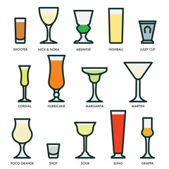 Variety of simple color icons of spirits in their adjacent glasses vector set
