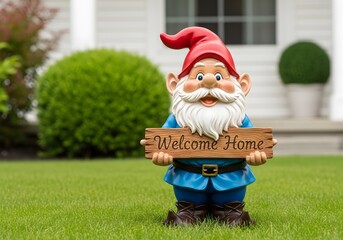 Obraz premium A garden gnome statue holding a welcome home sign in a front yard