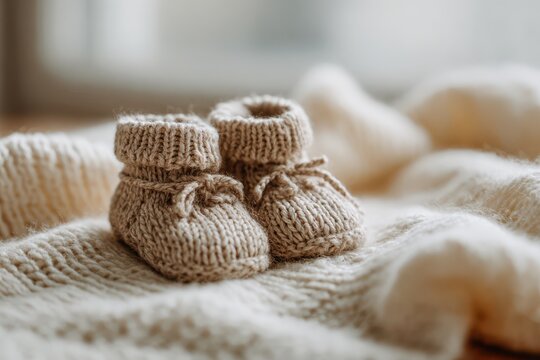 Tiny newborn booties on a cozy knit blanket bathed in natural light