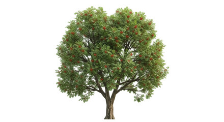Rowan tree with red berries PNG isolated on transparent background, deciduous tree for landscaping and garden design use
