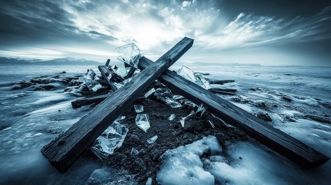 A shattered wooden crossbar rests upon fractured ice under a dramatic cloudy sky