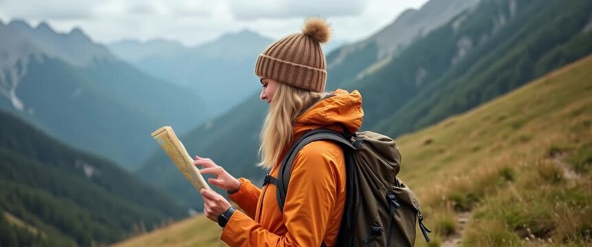 Adventurous woman in a yellow jacket explores scenic mountain landscape with a map, camera gently pans as distant trees sway in the breeze, cinematic travel exploration.