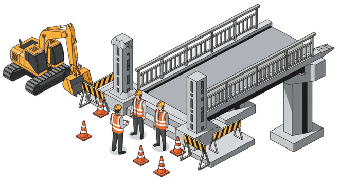 Isometric illustration of construction workers with an excavator and road blockages on a bridge