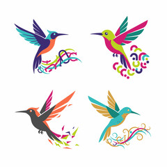 Obraz premium Colorful Hummingbirds Flying with Abstract Swirls and Geometric Patterns
