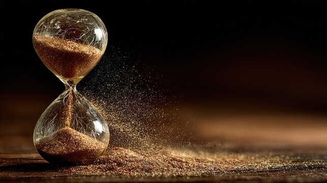 Abstract still life on existentialism and life philosophy. Hourglass cracks symbolize fate, sand flow metaphors time, creating pensive art mood