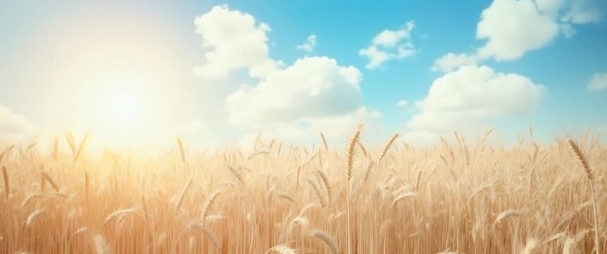 Golden wheat fields sway gently under a bright blue sky with fluffy clouds, as the camera slowly pans across the sunlit landscape, capturing a serene, cinematic agricultural scene.