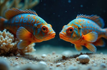 Fototapeta premium Two bright orange, blue fish with patterned scales swim close in shallow clear ocean water over sandy seabed. Coral reef provides home for small aquatic creatures, creating vibrant marine life scene.