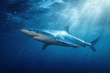 Obraz premium Underwater photograph of a blue shark gliding through clear Atlantic waters