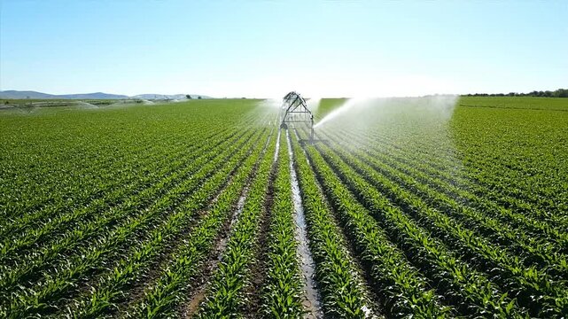 Aerial view of irrigation system watering rows of growing crops under clear sky