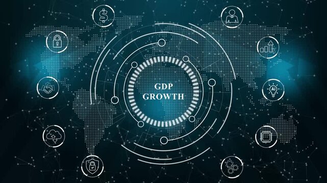 A GDP Growth concept button on a futuristic .holographic advanced HUD circle platform Business, Internet and network concept Seamless loop technology network. Motion graphics of business concept