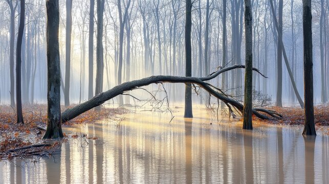 A fallen tree branch rests over tranquil, mist-shrouded forest water reflecting muted golden light
