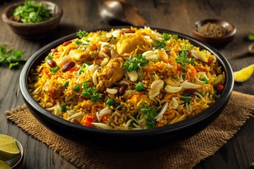 A delicious and colorful plate of chicken biryani on a wooden table