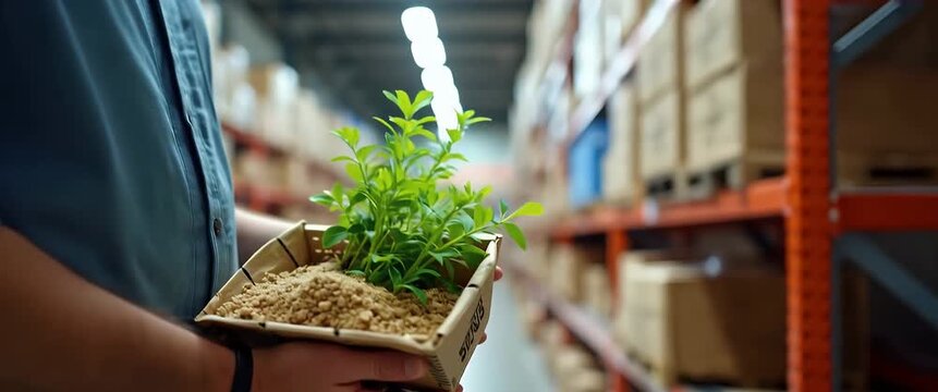 Close-up of a person walking through a warehouse holding a small plant in a biodegradable pot, with a slow camera pan capturing dynamic lighting and a cinematic atmosphere.