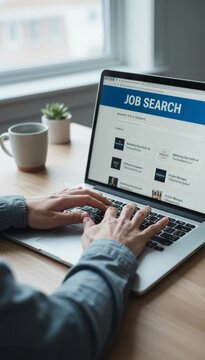 Young professional typing on a laptop keyboard, browsing a job search website for employment opportunities while sitting at a wooden desk by the window in a modern home office setting
