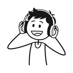 Happy stick figure listening to music with headphones on a black background