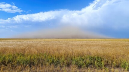 Obraz premium A vast dusty horizon with a dramatic storm cloud formation over a golden field