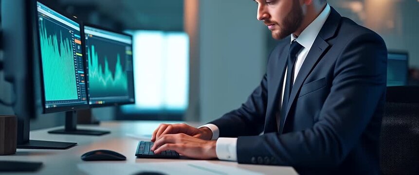 Business professional analyzing stock market data on multiple screens; camera slowly pans across the modern office, with dynamic graphs and ambient digital flicker creating a cinematic atmosphere.