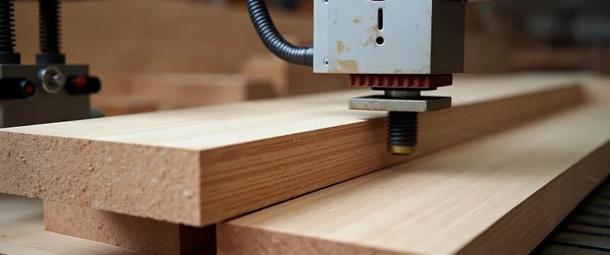 Precision woodworking in action as a CNC machine carves smooth wooden planks; slow camera pan highlights the industrial craftsmanship in a cinematic workshop setting.