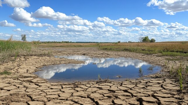 Cracked dry riverbed reflecting a stark unforgiving sky with scattered clouds under bright daylight