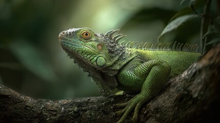 Fototapeta premium Vibrant green lizard in a tropical forest setting with dappled sunlight on scales