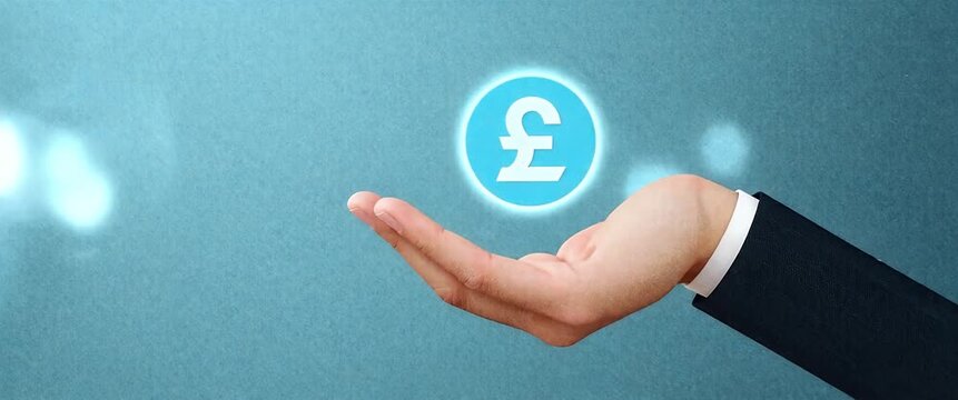 A hand gracefully rises, presenting a glowing pound symbol in a serene, corporate setting; the camera smoothly pans to reveal ambient light flickering, creating a cinematic, financial atmosphere.