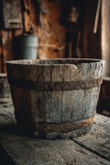 Vintage wooden pail with worn wood and aged patina in a barn setting