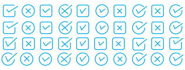 Hand drawn check and cross icons set in circle and square outline checklist marks vector illustration