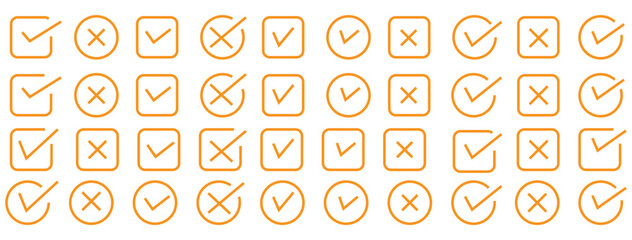 Hand drawn check and cross icons set in circle and square outline checklist marks vector illustration