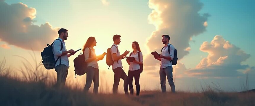 Young hikers with backpacks engage in lively conversation at sunset, with a steady camera pan capturing their animated gestures and the gentle sway of tall grass, creating a cinematic, serene landscap