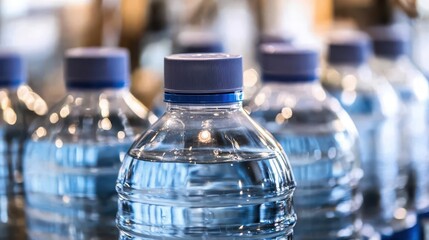 Close up of clear plastic water bottles with blue caps in a row