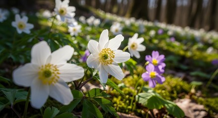 Close up of white flowers with yellow centers blooming in a forest setting