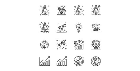 Obraz premium Business startup rocket and space concept flat outline vector set