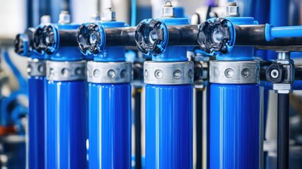 Blue industrial gas cylinders with metal valves and fittings arranged in a row for a purification system