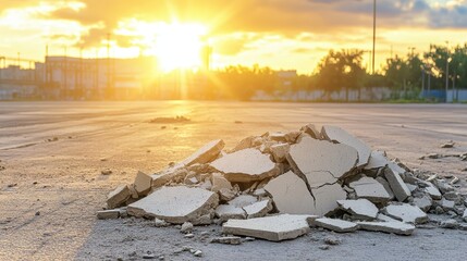 Broken concrete debris pile under a warm sunny sky at sunrise or sunset