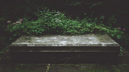 Crumbling stone foundation of a long lost structure overgrown with dense green vegetation