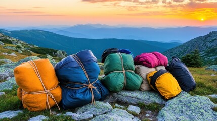 Bundled camping gear in colorful sleeping bags rests on rocks in a mountain landscape at sunrise with soft sky colors