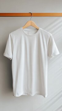 Minimalist Blank White Cotton T-shirt on Wooden Hanger - Apparel Mockup Template
