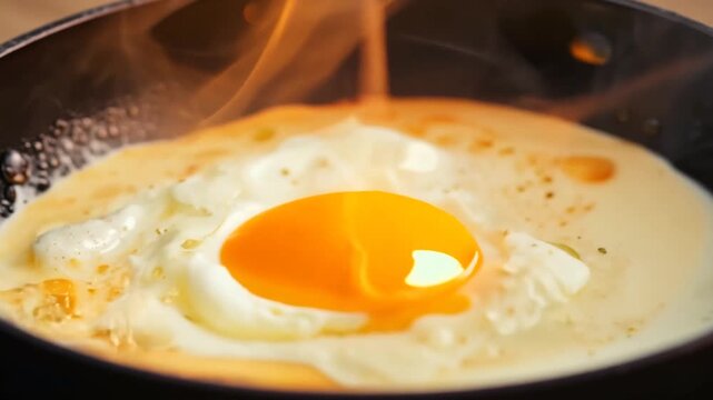 A raw egg drops into a hot, sizzling pan. It begins to fry sunny-side up, surrounded by bubbling liquid, while visible flames and steam rise. The egg is briefly basted during the rapid, intense cooki