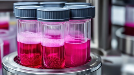 Clear centrifuge tubes holding pink liquid with distinct layers