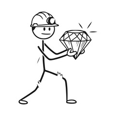 Cartoon miner holding a large diamond with a shining effect