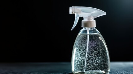 Close up of a clear transparent disinfectant spray bottle filled with clear liquid and small bubbles against a dark background