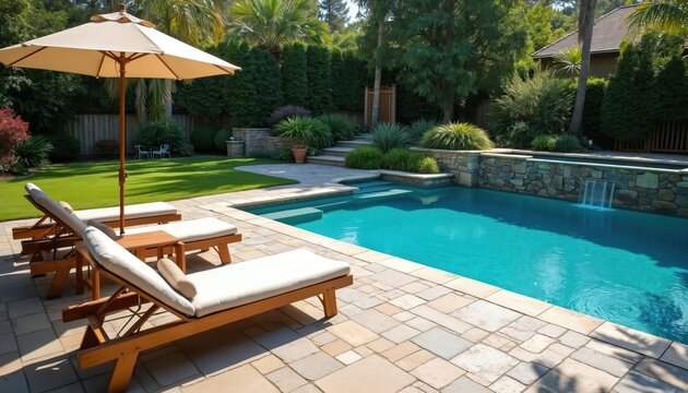 Luxury backyard swimming pool with stone waterfall feature and sun loungers on patio. Rich green lawn and trees surround blue water for ultimate relaxation and summer fun.