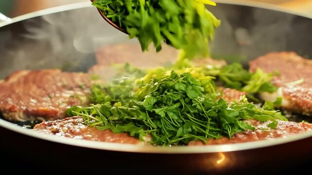 Steaming pieces of meat sizzle in a frying pan as a generous amount of fresh, chopped green herbs are gradually added over the steaks, enhancing the flavor profile during the cooking process.