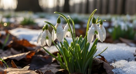 Close up view of snowdrop flowers emerging from melting snow