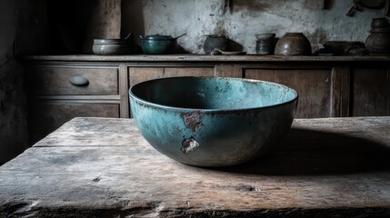 A vintage chipped blue enamelware bowl rests on a rustic wooden table in an old kitchen setting