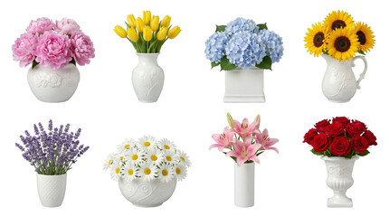 Obraz premium Floral arrangement set including peony, tulip, hydrangea, sunflower, lavender, daisy, lily, and rose in white ceramic vases isolated. Flower bouquet collection for home decor.