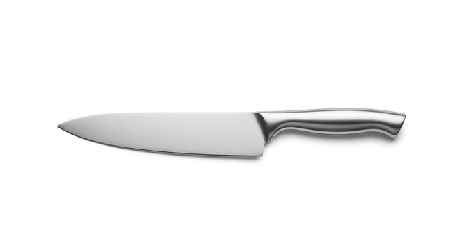 Professional stainless steel chef knife with a highly polished blade and ergonomic metallic handle isolated on a clean white background perfect for culinary imagery.