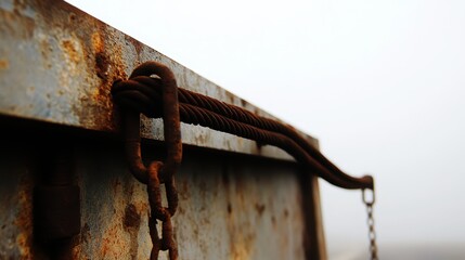 Close up of rusty industrial metal with thick frayed steel cable and chain links secured